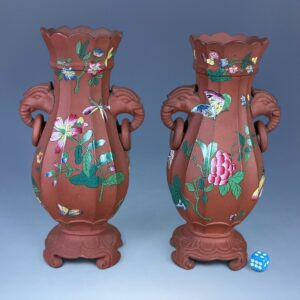 Pair of C19th English - Enamelled Terracotta Vases