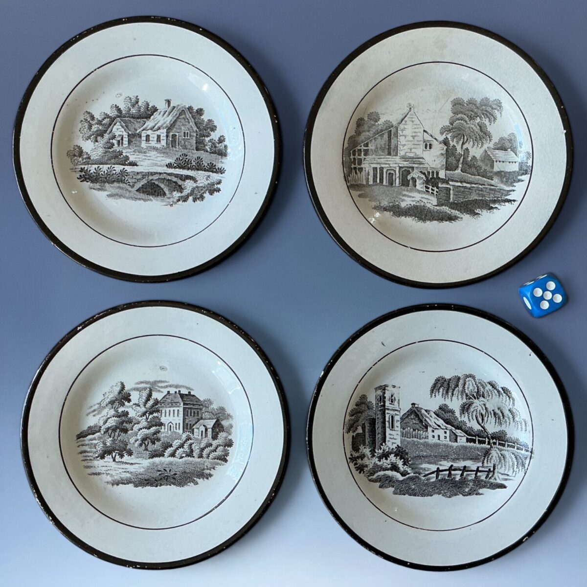 FOUR – C19th English Pottery Miniature Plates – Bat Printed