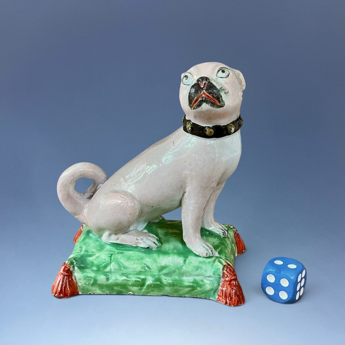 Early Staffordshire Pottery Pug Dog on Cushion Base