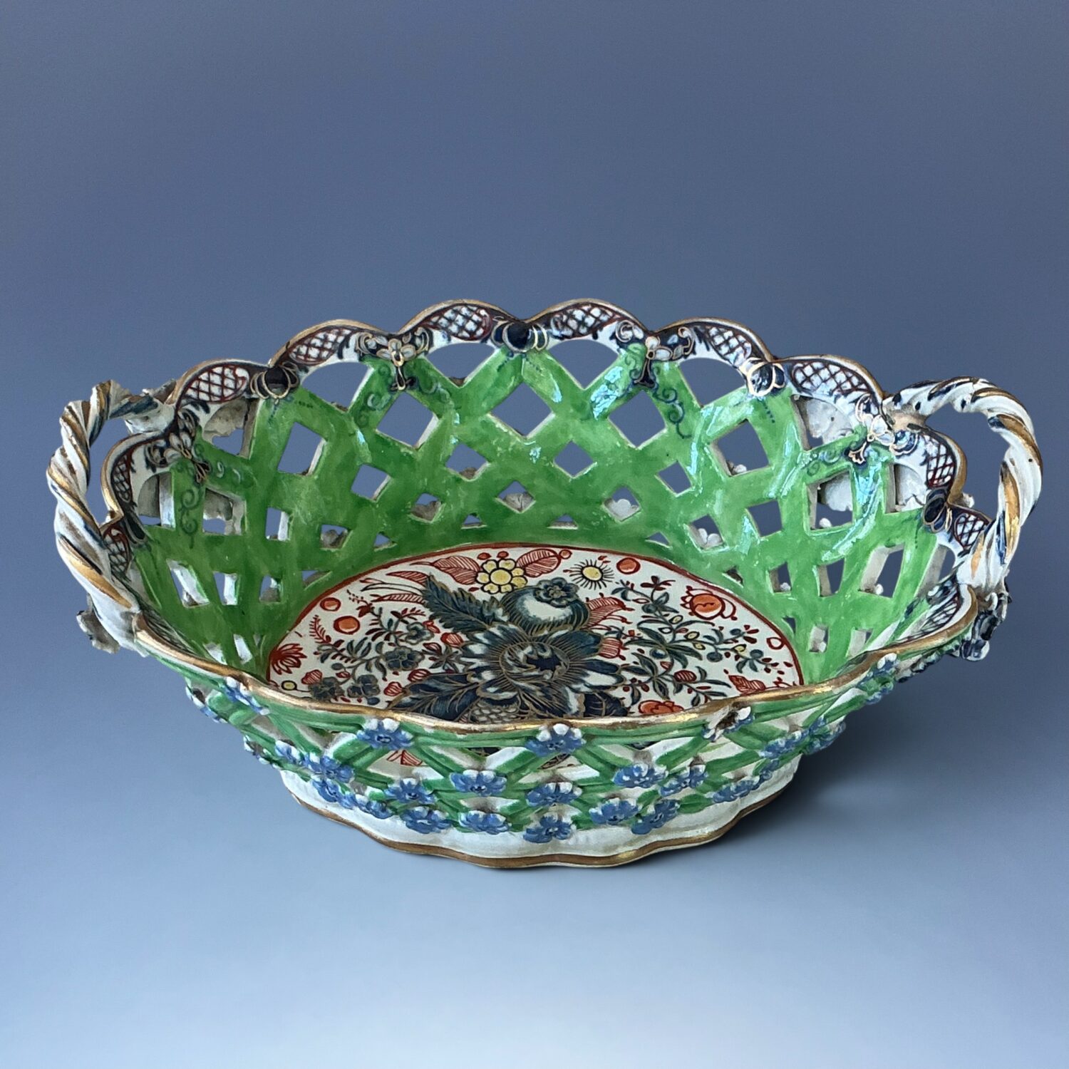 C18th Caughley Porcelain Basket - B+W - Clobbered. (a) - Image 14
