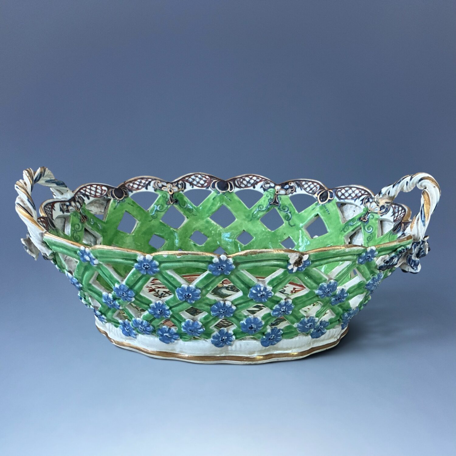 C18th Caughley Porcelain Basket - B+W - Clobbered. (a) - Image 15