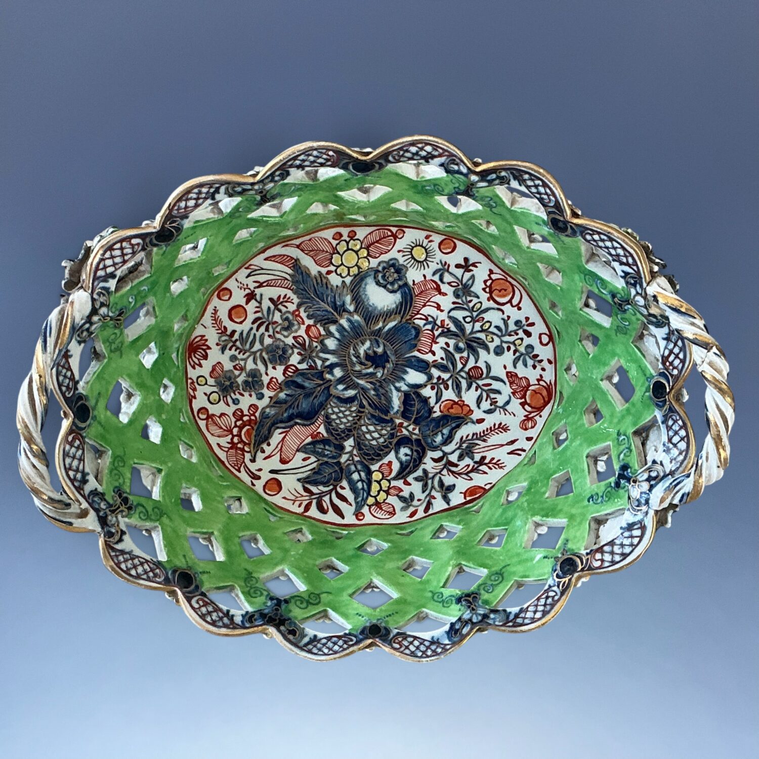 C18th Caughley Porcelain Basket - B+W - Clobbered. (a) - Image 16