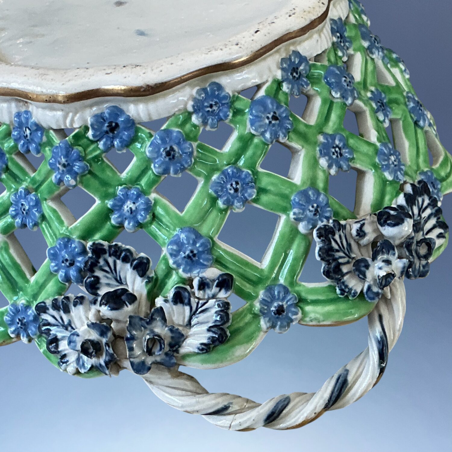 C18th Caughley Porcelain Basket - B+W - Clobbered. (a) - Image 8