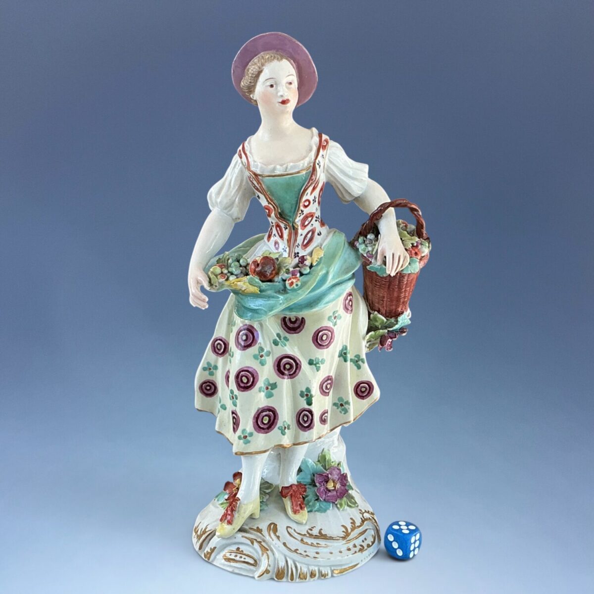 (Clearance) C18th Derby Porcelain Figure of a Girl carrying Fruit.
