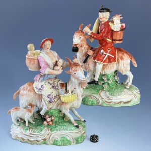 Large Pair of Early Derby Figures ‘Welch Tailor & Wife Riding Goats’