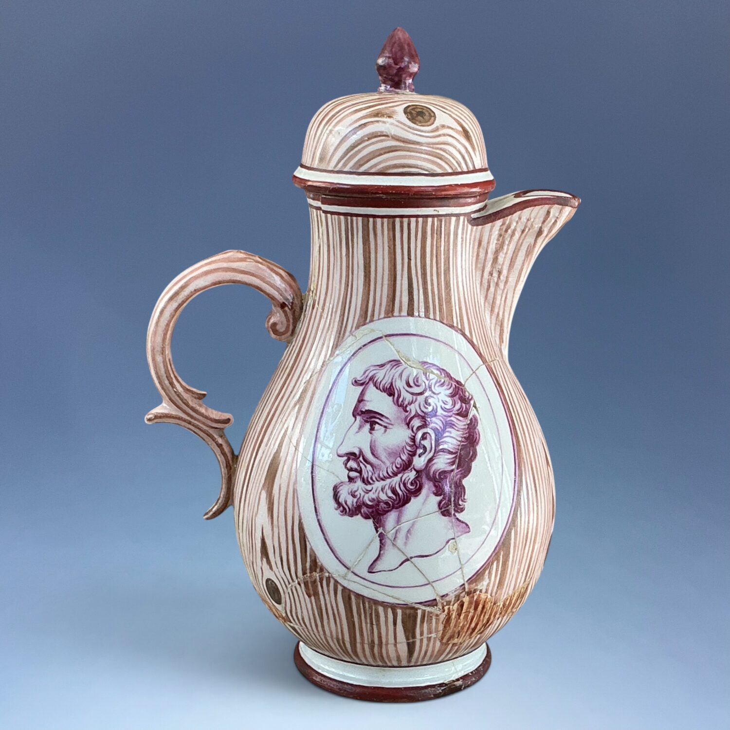 C18th Nymphenburg Porcelain ‘Faux Bois’ Hot Water Jug (af) - Image 4