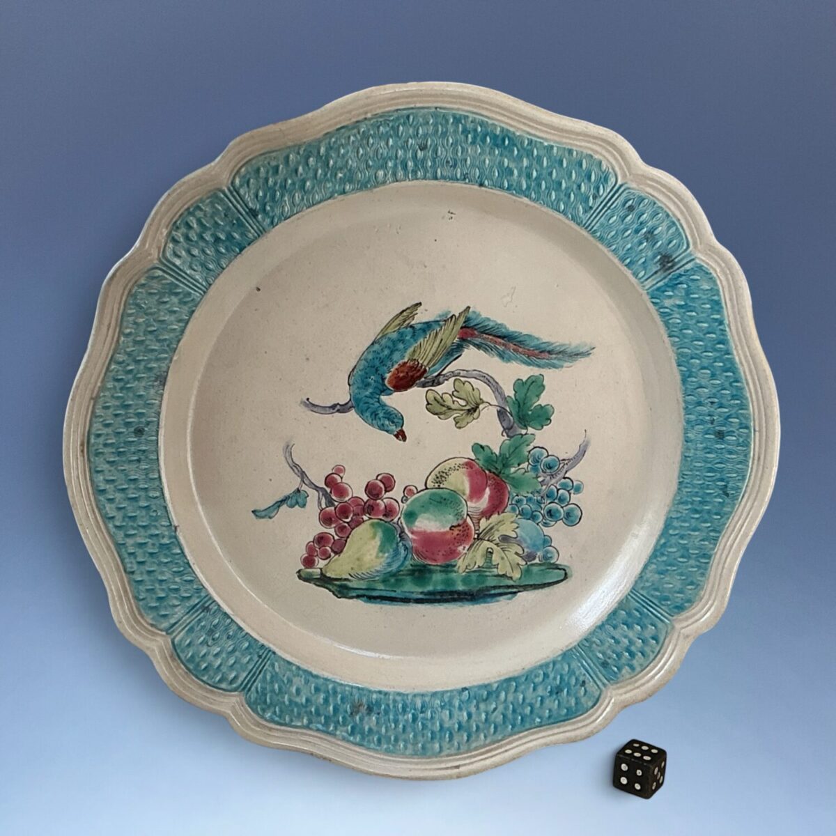 Scarce C18th Staffordshire Saltglaze Plate – Polychrome Parrot & Fruit. (RESERVED)