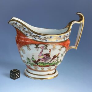 Early Coalport Cream Jug with Orange ‘Rag-Roll’ Ground & Bird Panels.