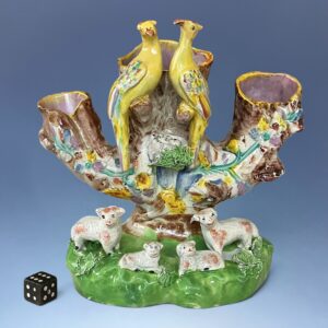 Early Staffordshire Spill Holder with Long Tailed Birds & Sheep.