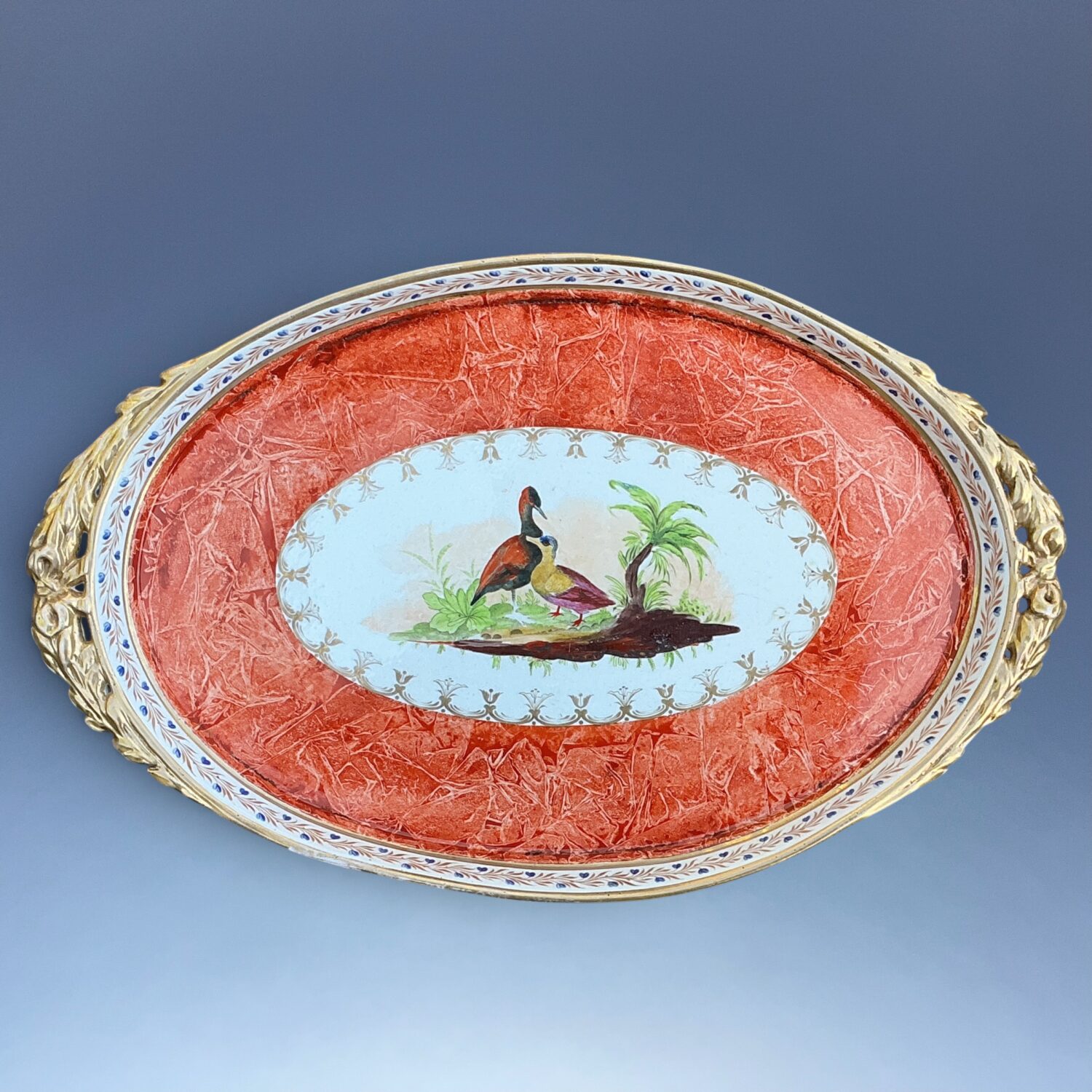Early Coalport Cabaret Tray with Orange ‘Rag-Roll’ Ground & Bird Panels.