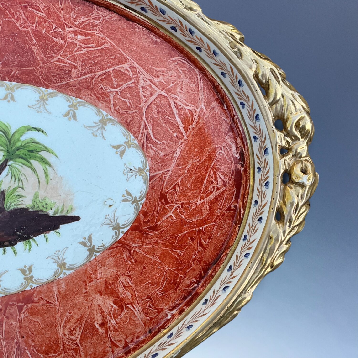Early Coalport Cabaret Tray with Orange ‘Rag-Roll’ Ground & Bird Panels. - Image 2