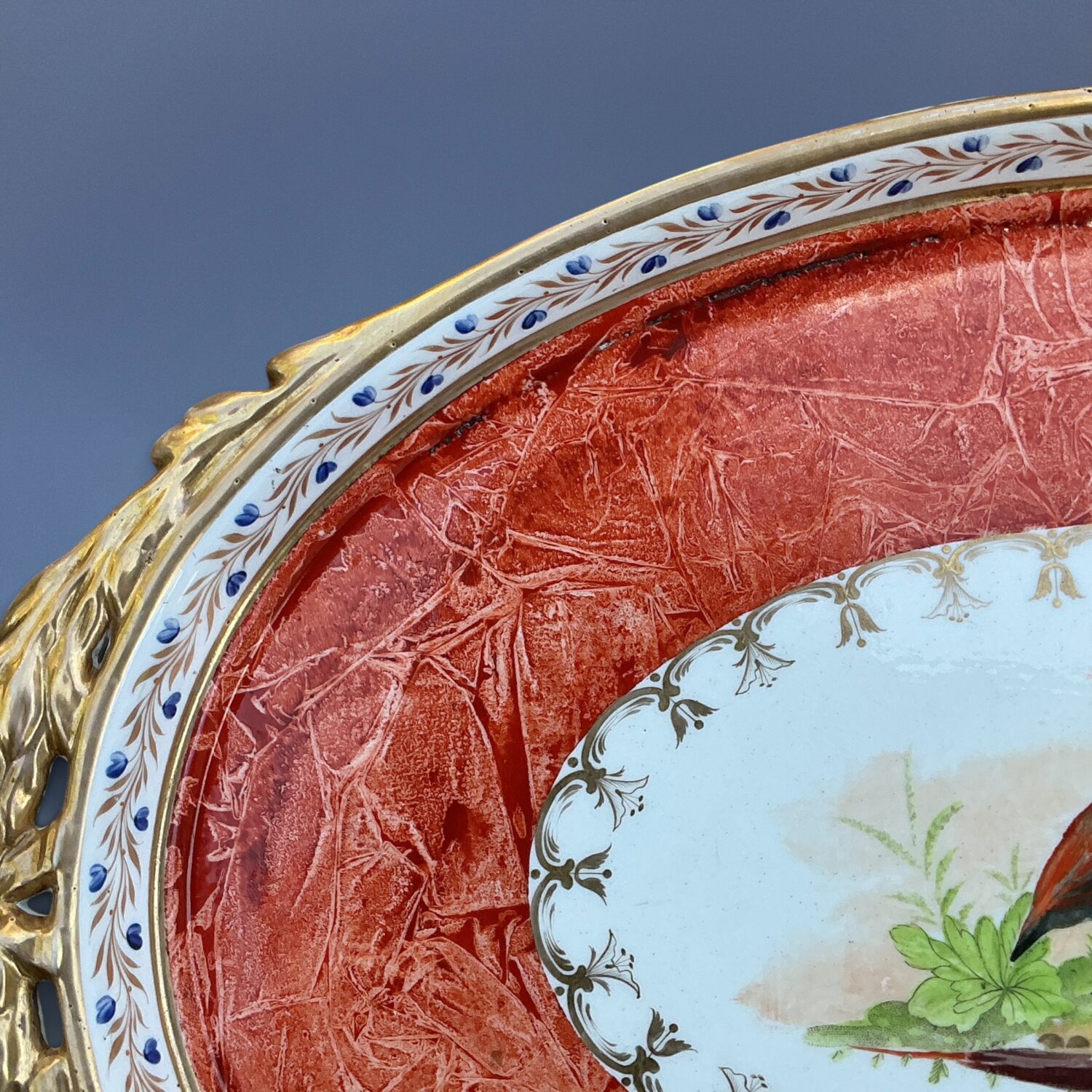 Early Coalport Cabaret Tray with Orange ‘Rag-Roll’ Ground & Bird Panels. - Image 4